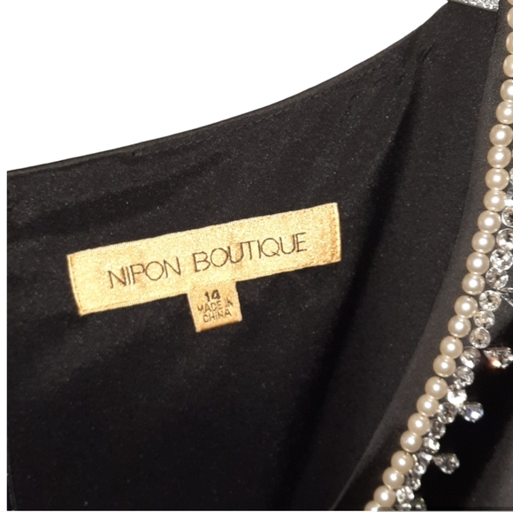 NIPÓN Satin Sheath Dress Pearl Rhinestone Collar LBD Sophisticate Black 14 - Picture 4 of 5